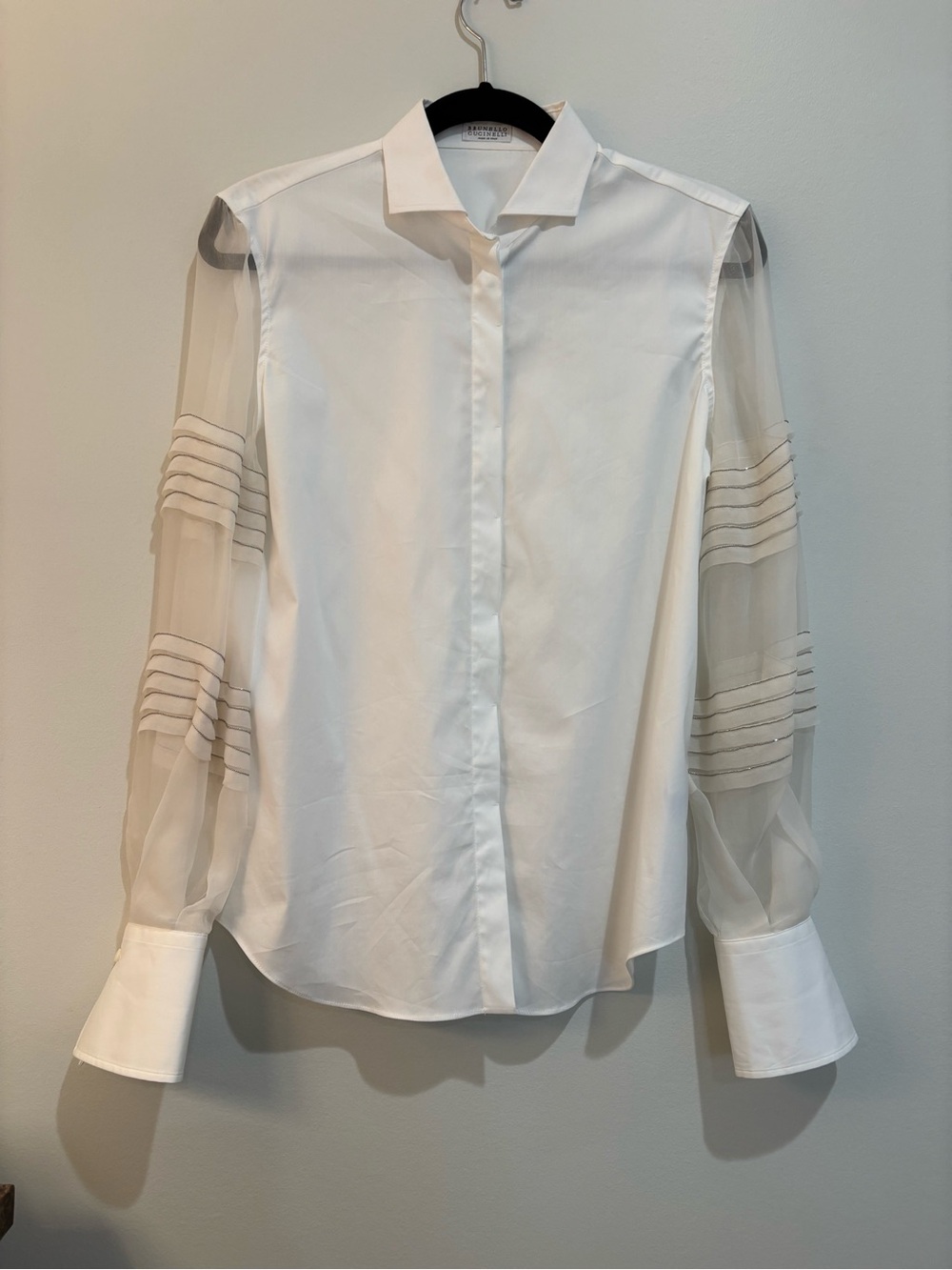 Brunello Cucinelli White Button-Front Blouse with Sheer Paneled Sleeves